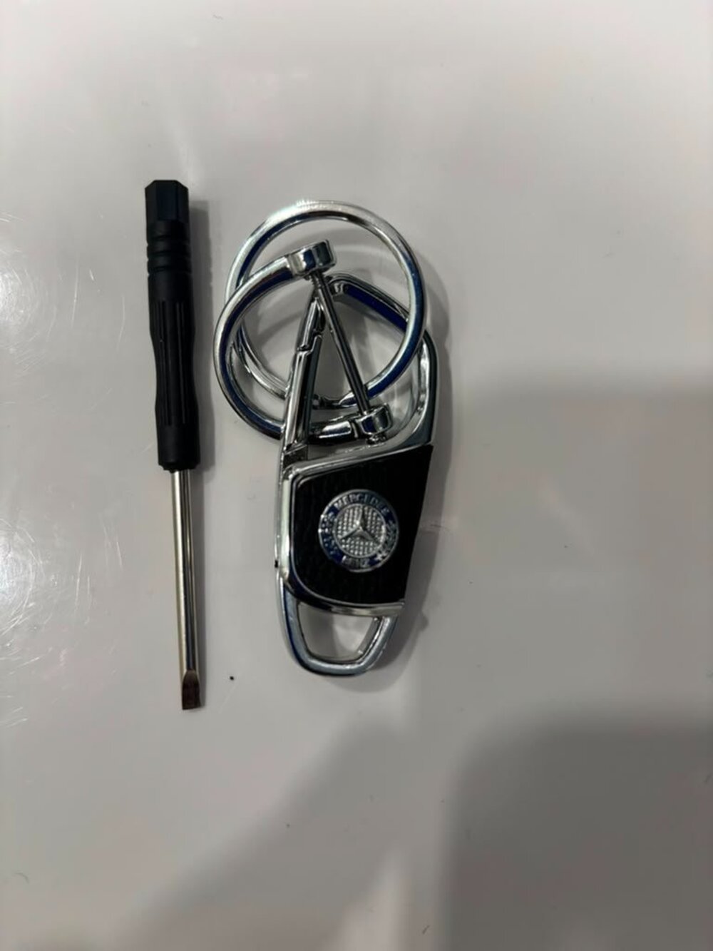 Mercedes-Benz Luxury Leather & Chrome D-Ring Keychain with Mini Screwdriver (H)